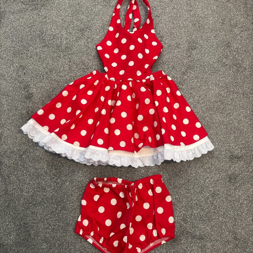 Little People Rocx red with white polka dots pinafore dress, matching bloomers